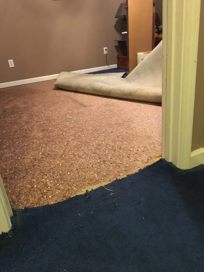 Carpet pad removal revealing water damage during Water Mitigation Services in Hays